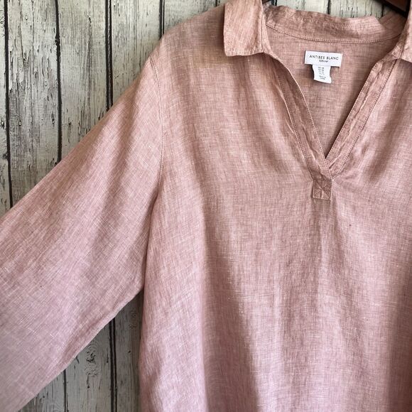 Antibes Blanc Womens Linen Popover Top Size 1X Lagenlook Collared Coastal Beachy - Picture 3 of 10